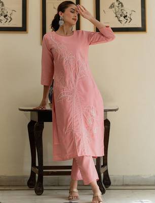 Floral Embroidered Thread Work Pure Cotton Kurta With Trouser 3