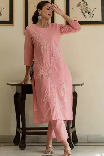Floral Embroidered Thread Work Pure Cotton Kurta With Trouser