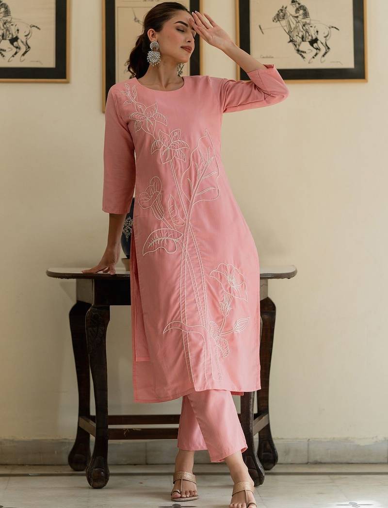 Floral Embroidered Thread Work Pure Cotton Kurta With Trouser