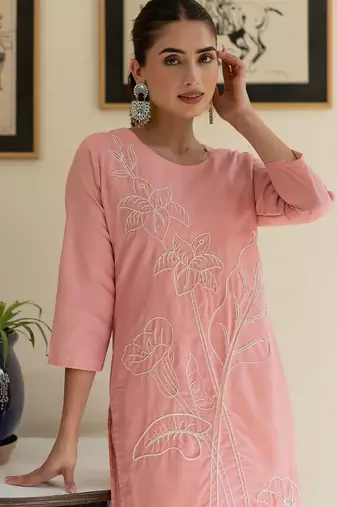 Floral Embroidered Thread Work Pure Cotton Kurta With Trouser