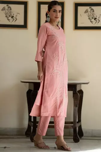 Floral Embroidered Thread Work Pure Cotton Kurta With Trouser