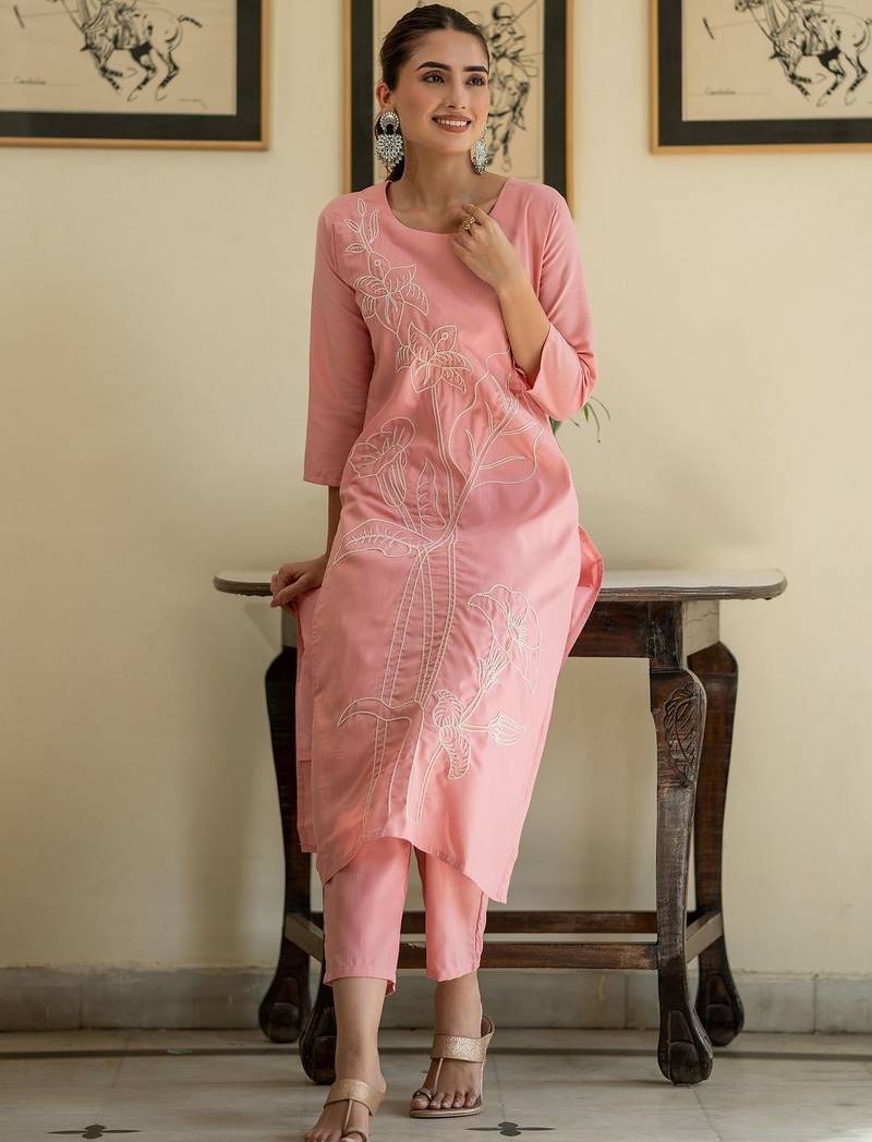 Floral Embroidered Thread Work Pure Cotton Kurta With Trouser
