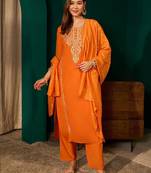 Women Embroidered Regular Thread Work Kurta with Trousers & With Dupatta