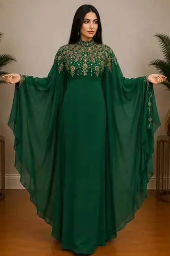 Emerald Green Luxury Embroidered Moroccan Kaftan Dress
