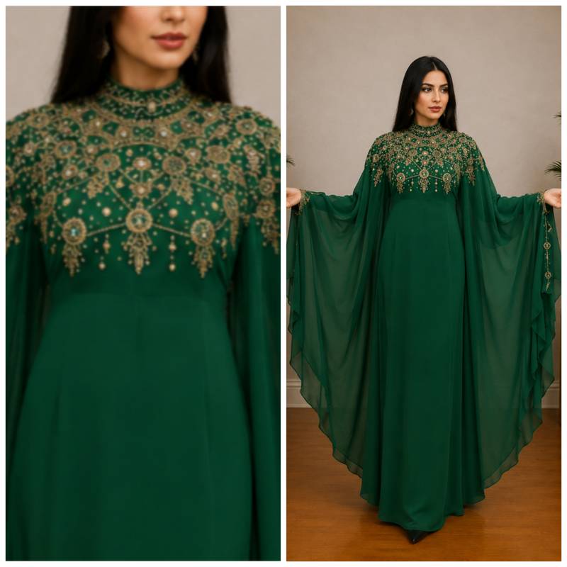 Emerald Green Luxury Embroidered Moroccan Kaftan Dress