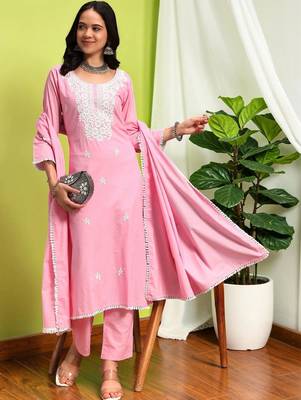 Women Ethnic Motifs Chikankari Pure Cotton Kurta with Trousers & With Dupatta 1