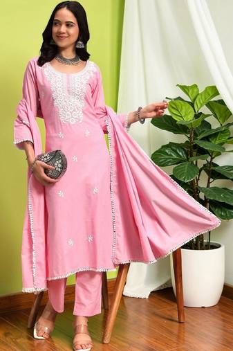 Women Ethnic Motifs Chikankari  Cotton Kurta with Trousers & With Dupatta