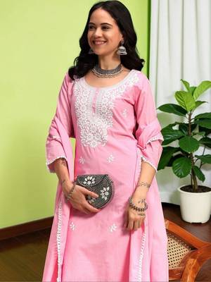 Women Ethnic Motifs Chikankari Pure Cotton Kurta with Trousers & With Dupatta 2