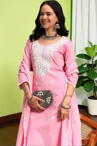 Women Ethnic Motifs Chikankari Pure Cotton Kurta with Trousers & With Dupatta