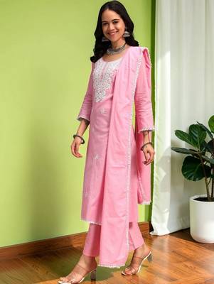Women Ethnic Motifs Chikankari Pure Cotton Kurta with Trousers & With Dupatta 3