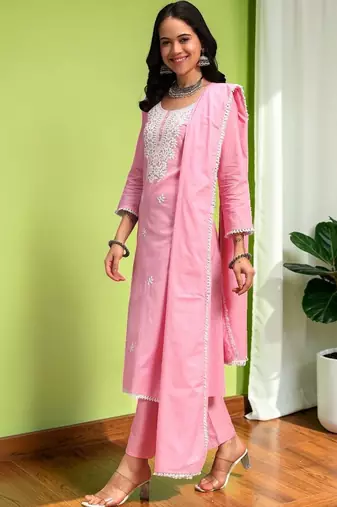 Women Ethnic Motifs Chikankari Pure Cotton Kurta with Trousers & With Dupatta