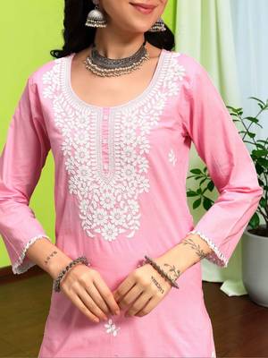 Women Ethnic Motifs Chikankari Pure Cotton Kurta with Trousers & With Dupatta 5