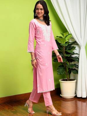 Women Ethnic Motifs Chikankari Pure Cotton Kurta with Trousers & With Dupatta 6