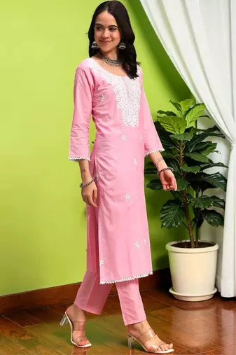 Women Ethnic Motifs Chikankari Pure Cotton Kurta with Trousers & With Dupatta