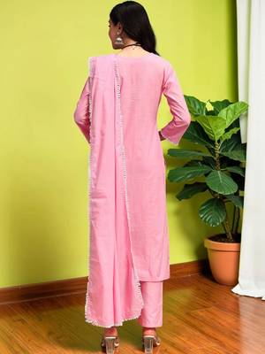 Women Ethnic Motifs Chikankari Pure Cotton Kurta with Trousers & With Dupatta 7