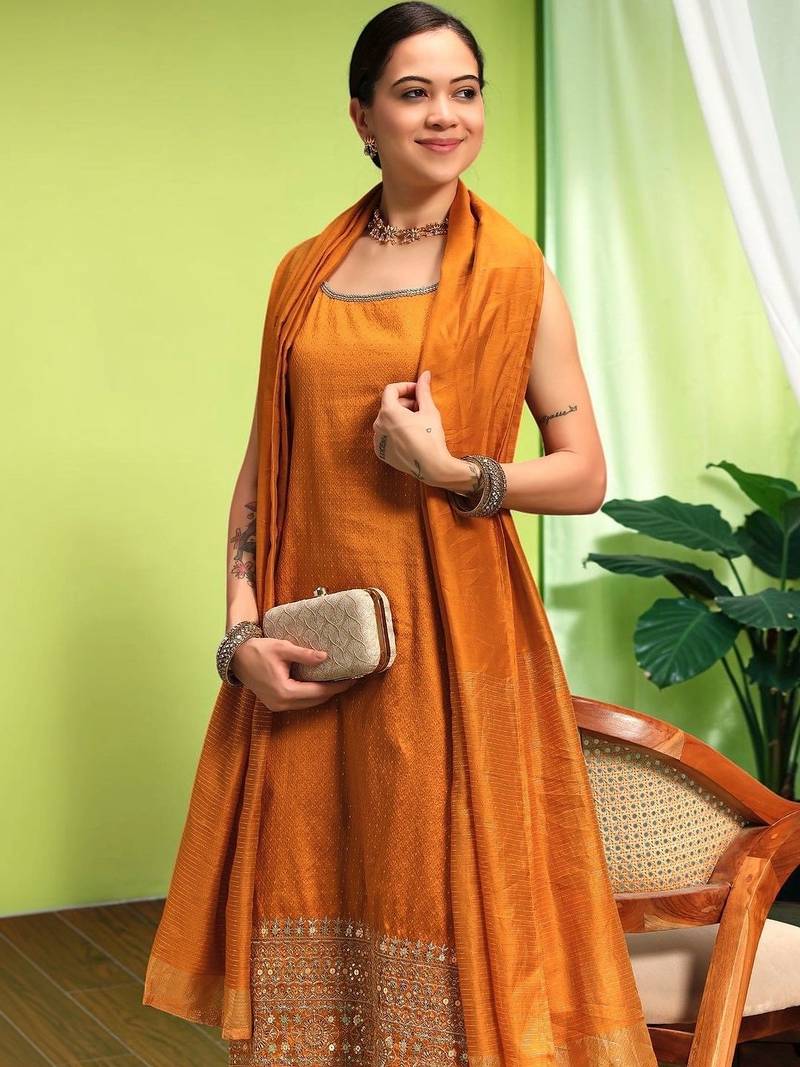 Women Ethnic Motifs Regular Mirror Work Kurta with Trousers & With Dupatta