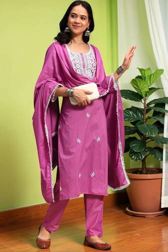 Women Ethnic Motifs Chikankari Pure Cotton Kurta with Trousers & With Dupatta