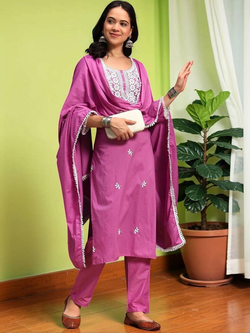 Women Ethnic Motifs Chikankari Pure Cotton Kurta with Trousers & With Dupatta