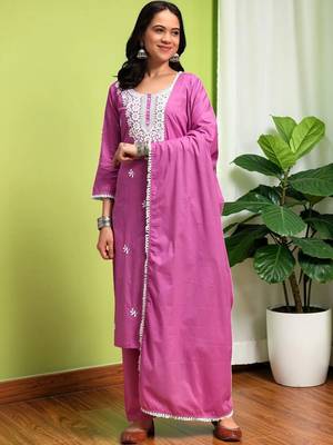 Women Ethnic Motifs Chikankari Pure Cotton Kurta with Trousers & With Dupatta 3