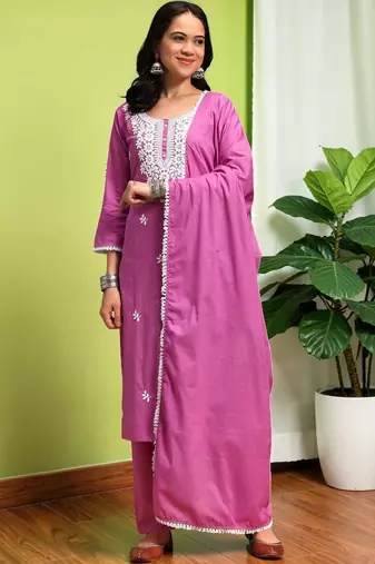 Women Ethnic Motifs Chikankari Pure Cotton Kurta with Trousers & With Dupatta