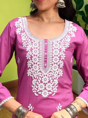 Women Ethnic Motifs Chikankari Pure Cotton Kurta with Trousers & With Dupatta 5