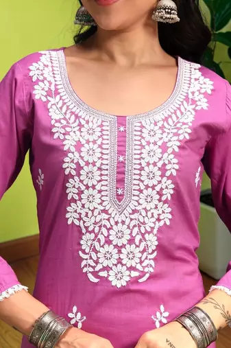 Women Ethnic Motifs Chikankari Pure Cotton Kurta with Trousers & With Dupatta