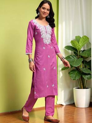 Women Ethnic Motifs Chikankari Pure Cotton Kurta with Trousers & With Dupatta 6