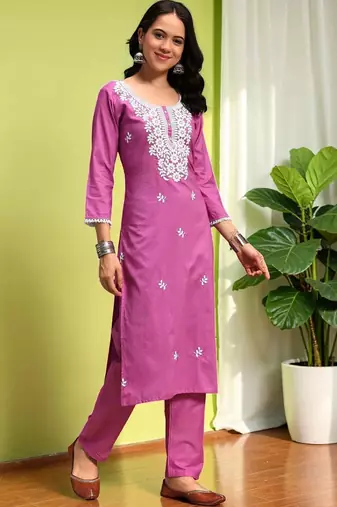 Women Ethnic Motifs Chikankari Pure Cotton Kurta with Trousers & With Dupatta