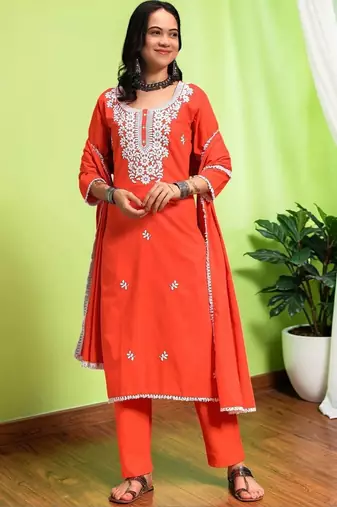 Women Ethnic Motifs Embroidered Regular Thread Work Pure Cotton Kurta with Trousers & With Dupatta