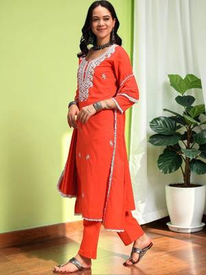 Women Ethnic Motifs Embroidered Regular Thread Work Pure Cotton Kurta with Trousers & With Dupatta 2