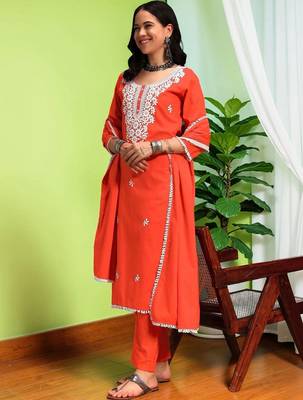 Women Ethnic Motifs Embroidered Regular Thread Work Pure Cotton Kurta with Trousers & With Dupatta 3
