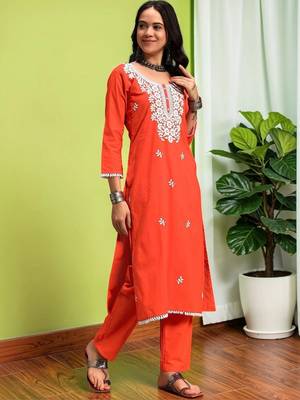 Women Ethnic Motifs Embroidered Regular Thread Work Pure Cotton Kurta with Trousers & With Dupatta 6