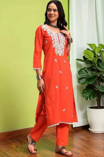 Women Ethnic Motifs Embroidered Regular Thread Work Pure Cotton Kurta with Trousers & With Dupatta