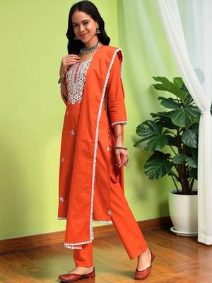 Women Ethnic Motifs Chikankari Pure Cotton Kurta with Trousers & With Dupatta 1