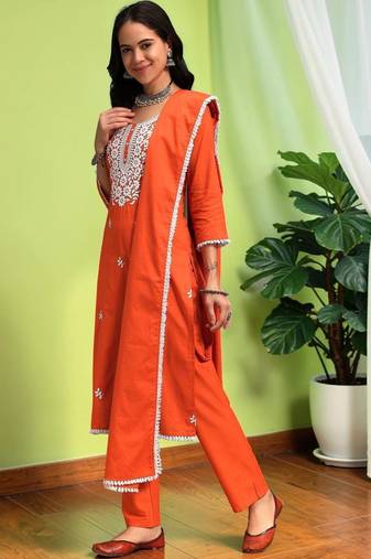 Women Ethnic Motifs Chikankari Pure Cotton Kurta with Trousers & With Dupatta