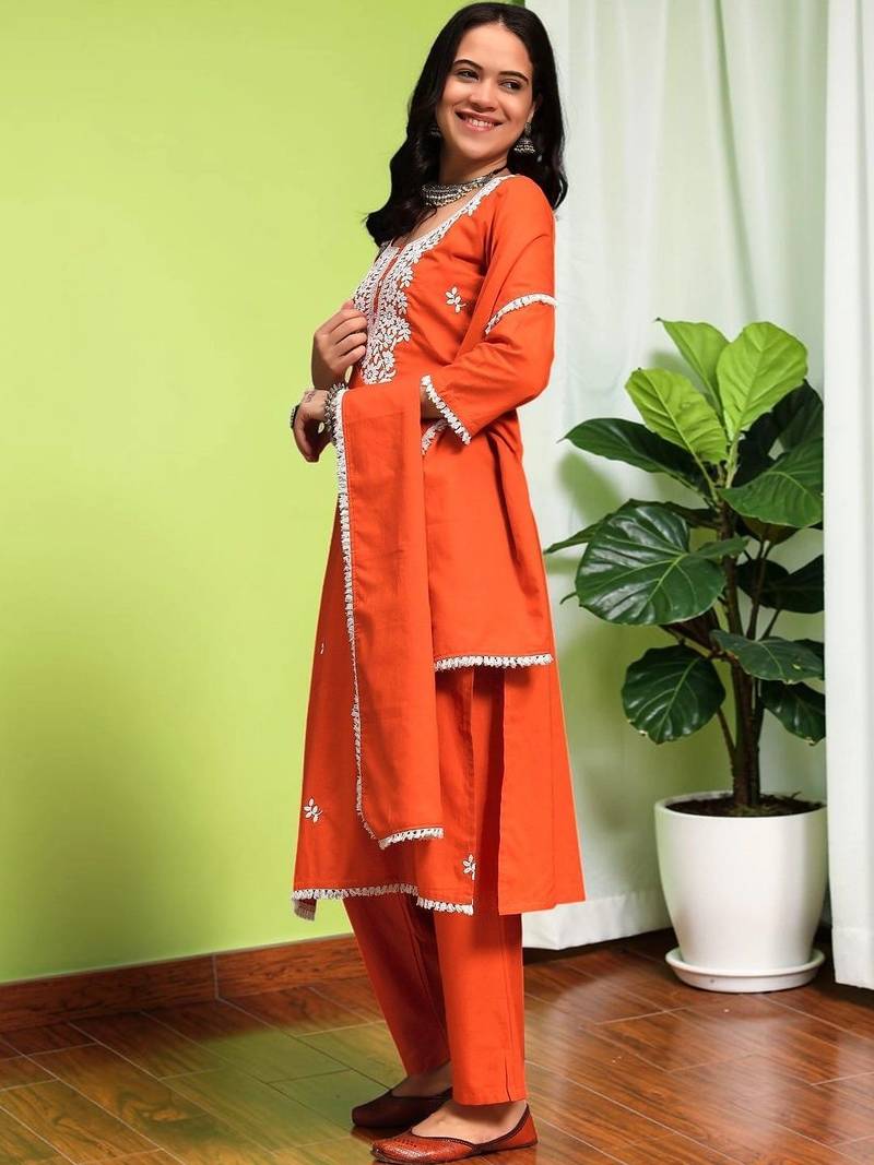 Women Ethnic Motifs Chikankari Pure Cotton Kurta with Trousers & With Dupatta