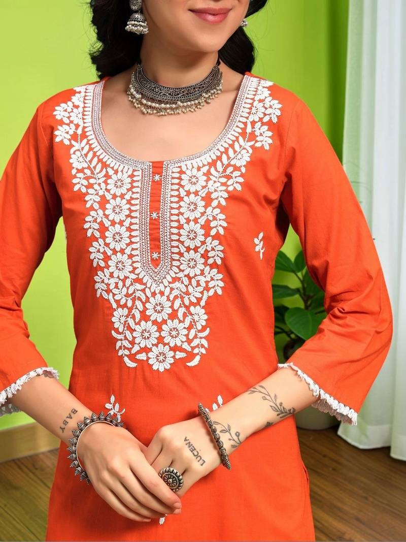 Women Ethnic Motifs Chikankari Pure Cotton Kurta with Trousers & With Dupatta