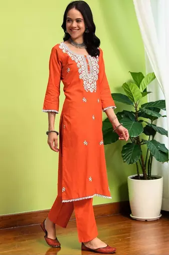 Women Ethnic Motifs Chikankari Pure Cotton Kurta with Trousers & With Dupatta