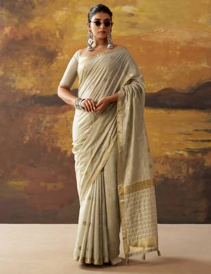 Grey modal cotton blend woven saree with zari border 1