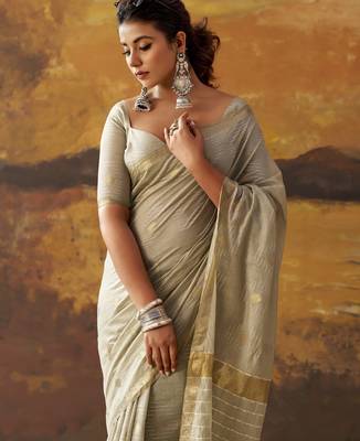 Grey modal cotton blend woven saree with zari border 3