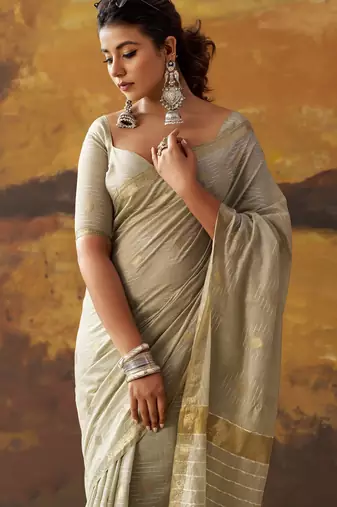 Grey modal cotton blend woven saree with zari border
