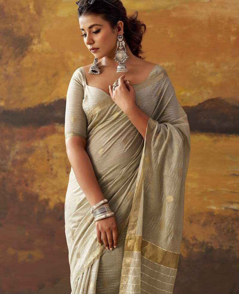 Grey modal cotton blend woven saree with zari border