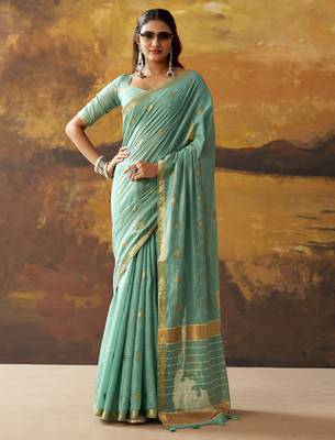 Sea green modal cotton blend woven saree with zari border 1