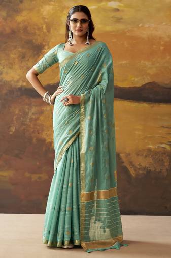 Sea green modal cotton blend woven saree with zari border