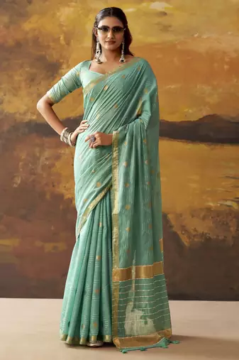 Sea green modal cotton blend woven saree with zari border