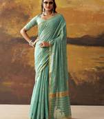 Sea green modal cotton blend woven saree with zari border
