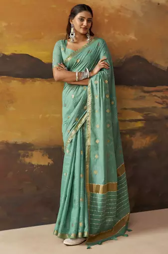 Sea green modal cotton blend woven saree with zari border