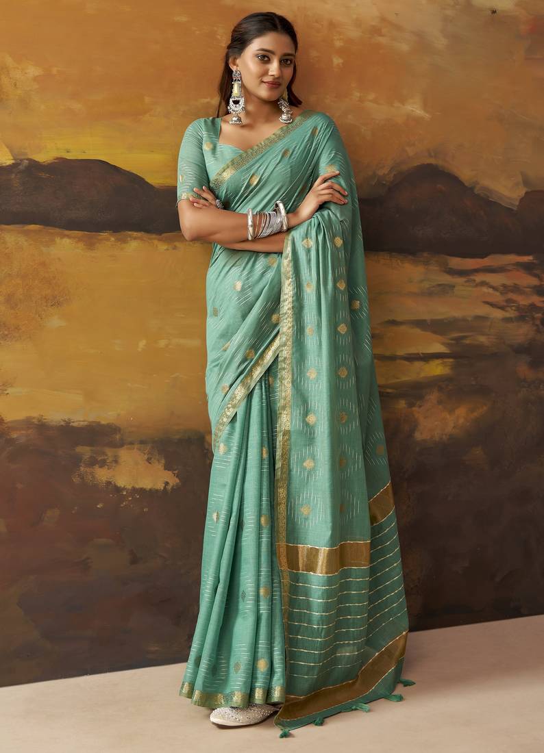 Sea green modal cotton blend woven saree with zari border