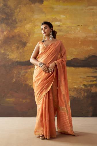 Orange modal cotton blend woven saree with zari border