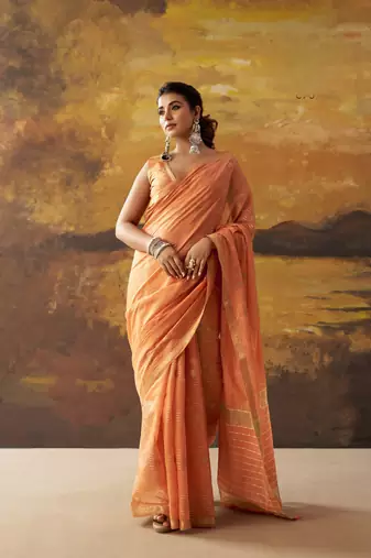 Orange modal cotton blend woven saree with zari border